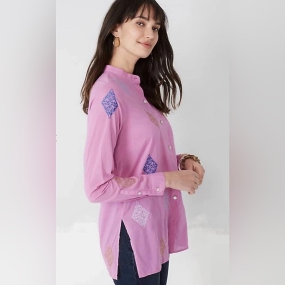J. Jill Embroidered Button-Front Tunic Top Pink Long Sleeve Lightweight Medium - Picture 2 of 16